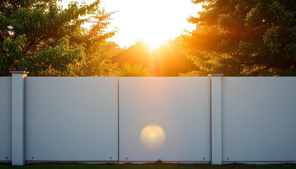 A beautifully crafted concrete fence stretches across a lush, verdant landscape. The fence's smooth, uniform texture and clean lines create a sleek, modern aesthetic, complementing the natural surroundings. Warm, golden sunlight filters through the fence's minimal design, casting intricate shadows that dance across the surface. The fence stands as a sturdy, yet elegant, boundary, seamlessly blending functionality and aesthetics. In the distance, a gentle breeze rustles the vibrant foliage, adding a sense of tranquility to the scene. This concrete fence embodies the perfect balance of durability and visual appeal, making it an ideal choice for any property.
