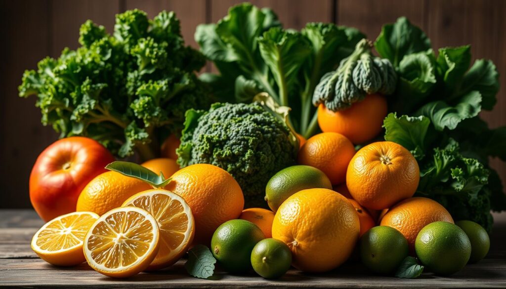 A beautifully lit still life arrangement showcasing an assortment of fresh, vibrant fruits and vegetables rich in vitamin C. In the foreground, ripe oranges, lemons, and limes glow under soft, warm lighting, their juicy segments glistening. Behind them, a variety of green leafy vegetables, such as kale, spinach, and broccoli, stand tall, their verdant hues accentuated by subtle shadows. In the background, a wooden table or rustic surface provides a natural, earthy backdrop, complementing the colors and textures of the produce. The overall scene exudes a sense of health, vitality, and the bounty of a nutritious, vitamin C-packed diet.