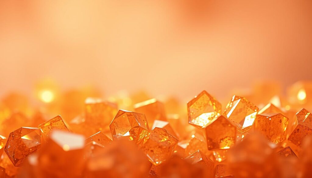 A close-up of a vibrant, crystalline structure of vitamin C, glimmering under warm, diffused lighting. The foreground features the bold, angular shape of the ascorbic acid molecules, capturing the essence of this essential nutrient. The middle ground showcases a soft, blurred backdrop of soothing hues, perhaps a subtle gradient of complementary colors, creating a sense of depth and focus. The overall mood conveys the purity, potency, and importance of vitamin C, a key to maintaining health and radiant skin.