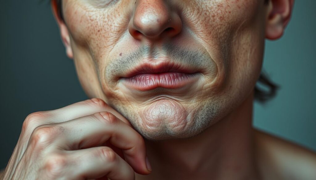 A close-up view of a person's dry, flaky skin on their face, hands, or elbows. The skin appears cracked, rough, and dull, with visible signs of irritation and discomfort. The lighting is soft and diffused, creating a sense of vulnerability and highlighting the textural details of the skin. The image is shot from a slightly elevated angle, capturing the subject's features in a contemplative, introspective manner. The background is blurred, creating a minimalist, clinical atmosphere that emphasizes the dermatological nature of the subject.