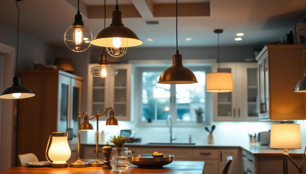 A cozy kitchen with warm, soft lighting, showcasing an assortment of kitchen lamps and pendants. The foreground features a central table with a mix of contemporary and traditional lighting fixtures, creating a harmonious blend of styles. In the middle ground, the kitchen counters and cabinets are visible, illuminated by recessed and under-cabinet lighting, casting a gentle glow. The background depicts a window, allowing natural light to filter in and complement the artificial lighting, creating a balanced and inviting atmosphere. The overall scene conveys a sense of comfort, functionality, and design inspiration for the perfect kitchen lighting setup.