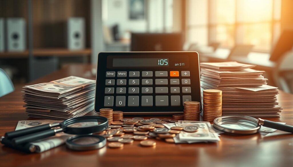 A detailed, high-resolution image of a currency exchange desk with a large, centrally-placed currency conversion calculator display. The calculator is prominently featured, surrounded by stacks of banknotes, coins, and other currency exchange tools like magnifying glasses and reference charts. The desk is made of sleek, polished wood and the lighting is soft and warm, creating a professional, authoritative atmosphere. The background is blurred, suggesting an office or financial institution setting. The overall composition draws the viewer's attention to the currency conversion calculator as the focal point.