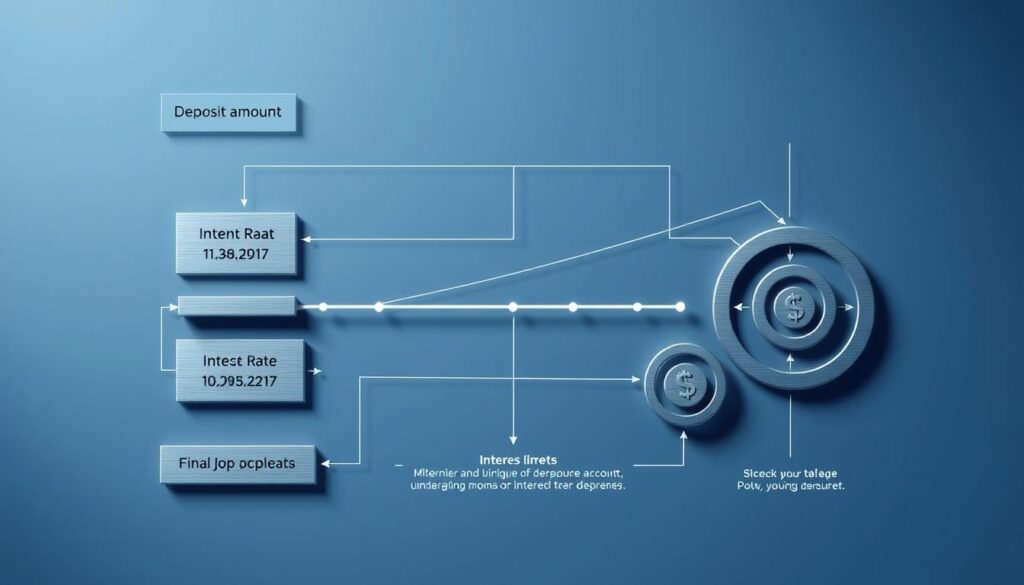 A detailed schematic illustration of the mechanism of interest accrual for bank term deposits. Rendered in a technical, engineering-inspired style with clean lines, precise geometry, and a minimalist color palette of blues, grays, and silvers. Depicts the key components of the process - the deposit amount, the interest rate, the accrual timeline, and the final payout - arranged in a clear, informative layout. Illuminated by soft, directional lighting that casts subtle shadows, conveying a sense of depth and precision. The overall aesthetic is one of analytical clarity and functional elegance, reflecting the secure, reliable nature of bank savings accounts.