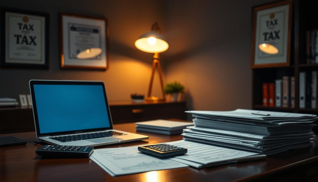 A dimly lit office space, softly illuminated by a warm desk lamp. On the polished wooden desk, a laptop displays financial documents, surrounded by neatly organized folders and a calculator. A sense of diligence and focus permeates the scene, as the foreground depicts the essential elements of a business owner's tax preparation process. In the background, subtle details such as a framed tax-related certificate on the wall and a bookshelf filled with financial resources create a professional, authoritative atmosphere. The overall mood is one of concentration and responsibility, reflecting the importance of the "Wprowadzenie do rozliczania" process for the company's fiscal well-being.