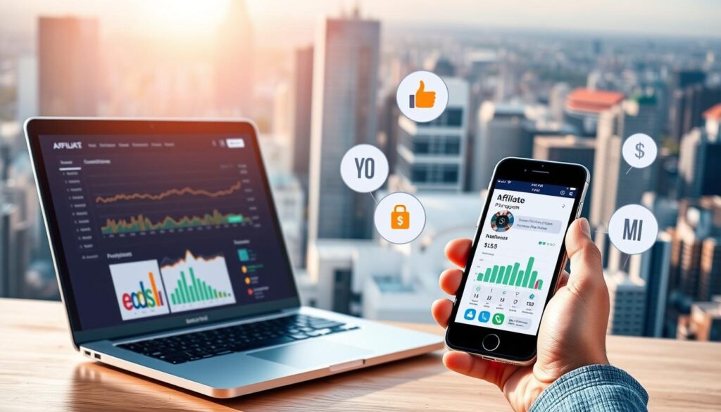 A dynamic, professional-looking diagram illustrating the process of affiliate marketing. In the foreground, a laptop screen displays an affiliate program dashboard, with colorful graphs and charts tracking earnings, referrals, and conversion rates. In the middle ground, a hand holds a smartphone, showcasing a mobile app interface that allows the user to monitor their affiliate activity on-the-go. The background depicts a bustling city skyline, symbolizing the global reach and scalability of affiliate marketing. The scene is illuminated by warm, natural lighting, creating a sense of productivity and success. The overall composition conveys the efficiency, flexibility, and lucrative potential of affiliate earnings.