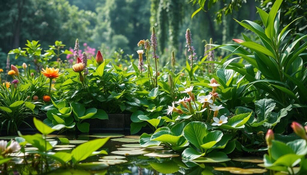 A lush, verdant garden oasis with an abundance of vibrant, dewy plants and flowers. In the foreground, a serene pond reflects the soft, natural light, surrounded by a variety of thriving greenery. The middle ground features a lush, diverse array of botanicals, including soft, velvety leaves and delicate, blossoming flowers. In the background, a hazy, out-of-focus forest canopy provides a natural, tranquil backdrop. The overall atmosphere is one of rejuvenation and hydration, evoking a sense of healthy, nourished skin.