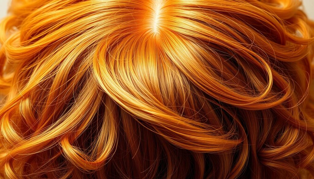 A lush, vibrant head of healthy hair taking up the entire frame. The hair strands shine with a natural, lustrous glow, reflecting the warm, diffused lighting from above. Wispy, voluminous locks cascade down, framing the smooth, radiant scalp. The hair's texture appears soft and bouncy, with delicate curls and waves gently undulating. The color is a rich, warm brown, with subtle highlights and lowlights creating depth and dimension. The overall composition conveys a sense of vitality, strength, and well-cared-for beauty, serving as a visual representation of the importance of proper hair care and maintenance.