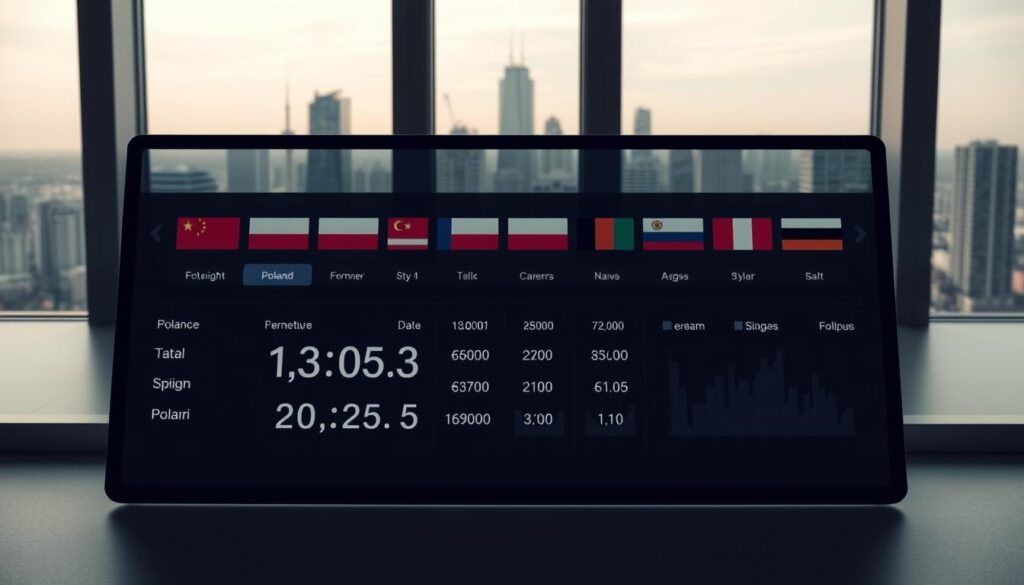 A modern financial dashboard depicting the current foreign exchange rates in Poland. In the foreground, a sleek display panel shows the real-time currency exchange values, with clean typography and intuitive icons. The middle ground features the flags of major global currencies arranged neatly, conveying the international nature of the scene. The background depicts a minimalist cityscape, with the skyline of a Polish metropolis visible through large windows, bathed in soft, diffused lighting that creates a professional, business-like atmosphere. The overall composition is balanced, using muted tones and a restrained color palette to generate a sense of sophistication and authority befitting a comprehensive currency converter tool.