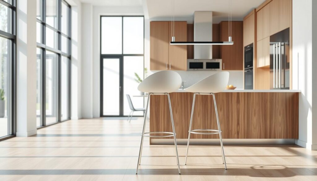 A modern kitchen interior with a sleek, minimalist design. In the foreground, two elegant bar stools, or "hokery," sit at a stylish kitchen counter. The stools have a smooth, curved seat and slender, metallic legs, exuding a refined, functional aesthetic. The middle ground features a well-appointed kitchen with stainless steel appliances, clean-lined cabinetry, and a neutral color palette that enhances the sense of sophistication. The background showcases large windows, allowing natural light to flood the space and create a bright, airy atmosphere. The overall scene conveys a harmonious balance of form and function, where the "hokery" seamlessly integrate into the kitchen's elegant and practical design.