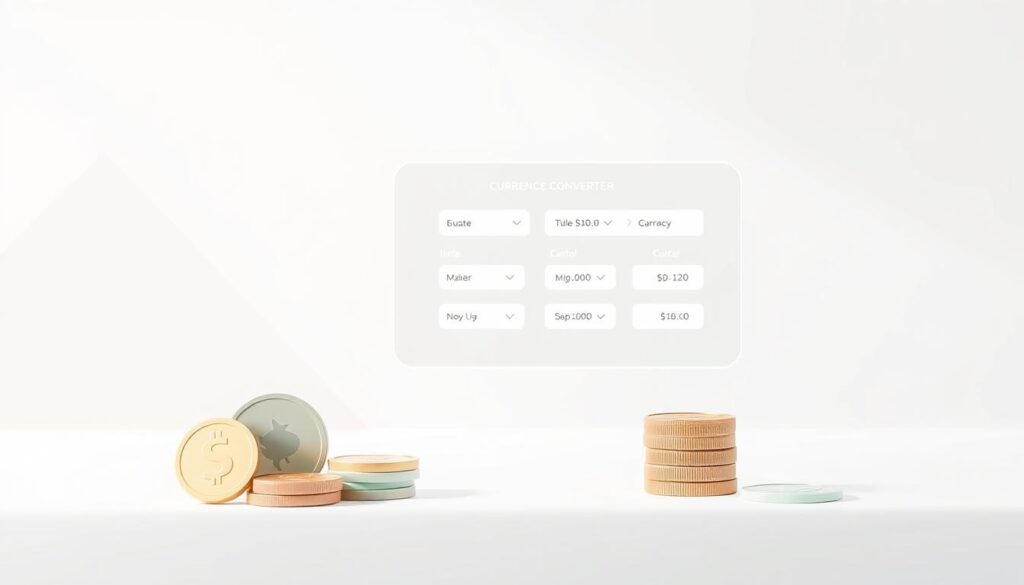 A modern, minimalist illustration of the advantages of using a currency converter. In the foreground, a stylized representation of currencies, coins, and bills, symbolizing the process of currency exchange. In the middle ground, a digital interface with intuitive currency conversion tools, highlighting the convenience and accuracy of the converter. The background features a serene, geometric pattern in muted tones, creating a sense of simplicity and professionalism. The lighting is soft and diffused, lending a sense of clarity and focus to the scene. The angle is slightly elevated, providing an overview of the currency conversion process in a clean, attractive manner.