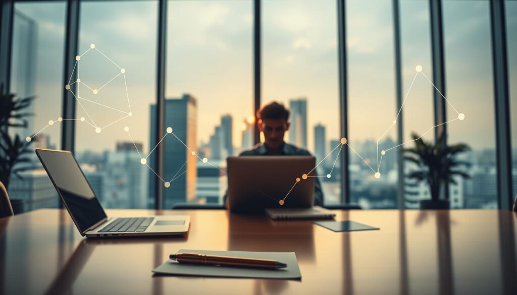 A modern office interior, with a desk in the foreground featuring a laptop, pen, and notepad. In the middle ground, a person is working at the desk, surrounded by geometric shapes and lines representing digital marketing analytics. The background features a large window overlooking a cityscape, bathed in warm, golden lighting to create a productive and inspiring atmosphere. The scene conveys the concept of affiliate marketing, with the focus on the individual's work and the digital tools they use to track and optimize their campaigns.