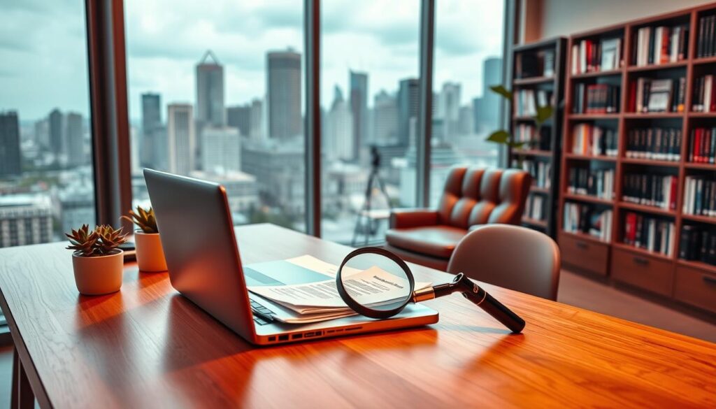 A modern office interior with a large window overlooking a cityscape. In the foreground, a sleek wooden desk with a laptop, documents, and a succulent plant. On the desk, a magnifying glass symbolizing the research and analysis required for real estate investments. In the middle ground, a comfortable leather chair and a bookshelf filled with finance and real estate books. The background features the city skyline, suggesting the urban setting and potential investment opportunities. Warm, ambient lighting casts a cozy glow, creating an atmosphere of thoughtful contemplation. The overall scene conveys the idea of introducing oneself to the world of real estate investing, with the tools and resources necessary for making informed decisions.