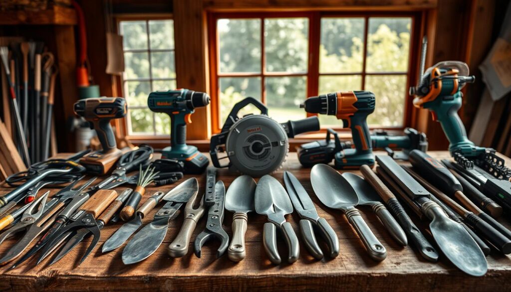 A neatly arranged collection of high-quality hand tools and power tools on a rustic wooden workbench. In the foreground, an assortment of garden shears, pruners, trowels, and spades, their metal surfaces gleaming under warm, natural lighting. In the middle ground, a cordless drill, a circular saw, and a hedge trimmer, their sleek, modern designs contrasting with the vintage vibe. In the background, a lush, green garden visible through a large window, hinting at the intended use of these tools. The overall composition conveys a sense of organization, practicality, and the synergy between manual and electric tools for outdoor maintenance and landscaping.