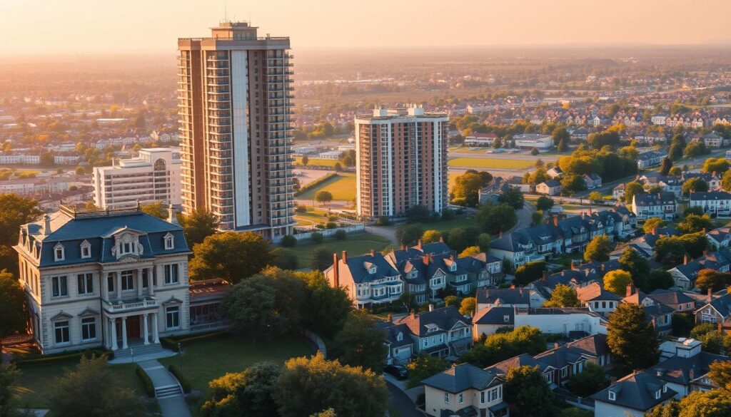 A panoramic view of various real estate types, bathed in warm, golden-hour lighting. In the foreground, a stately mansion stands proudly, its ornate architecture and manicured gardens exuding elegance. Beside it, a modern high-rise apartment building stretches towards the sky, its sleek lines and reflective glass facade conveying a sense of urban sophistication. In the middle ground, a row of charming townhouses, each with its own unique character, nestled between lush trees and well-maintained landscaping. In the distance, a sprawling suburban neighborhood, with neatly arranged single-family homes and spacious backyards, creates a peaceful, family-oriented atmosphere. The overall scene captures the diverse range of real estate options, from grand estates to compact urban dwellings, reflecting the varied investment opportunities within the realm of real estate.