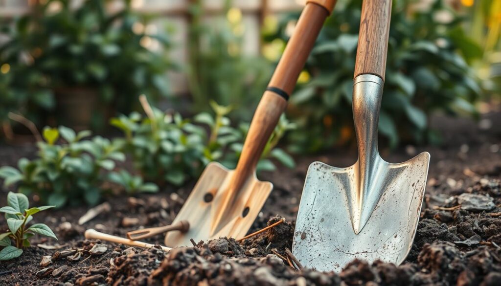 A rustic garden scene featuring a spade and a shovel, essential tools for any avid gardener. The foreground showcases the sturdy spade with a wooden handle and a sturdy metal blade, while the shovel in the middle ground has a long, curved blade and a slightly worn wooden grip. In the background, lush greenery and earthy tones create a serene, natural atmosphere. Warm, diffused lighting casts gentle shadows, highlighting the textures and craftsmanship of these practical, well-worn gardening implements. The overall composition conveys a sense of functionality, practicality, and a connection to the earth, reflecting the essential role these tools play in the world of gardening.