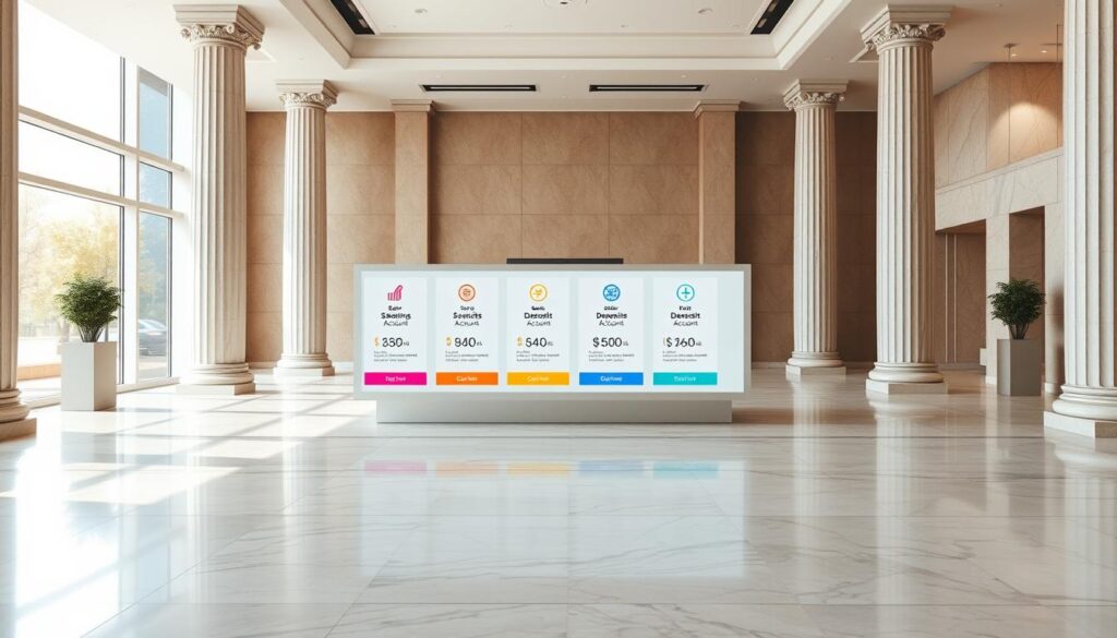 A serene, minimalist banking hall with polished marble floors and elegant columns. In the center, a display showcases various deposit account options - from basic savings accounts to high-yield time deposits. The accounts are represented by simple icons and color-coded labels, inviting the viewer to explore the different options. Soft, natural lighting filters in through large windows, creating a warm and inviting atmosphere. The overall composition is balanced and visually appealing, guiding the viewer's attention to the key banking products on display.