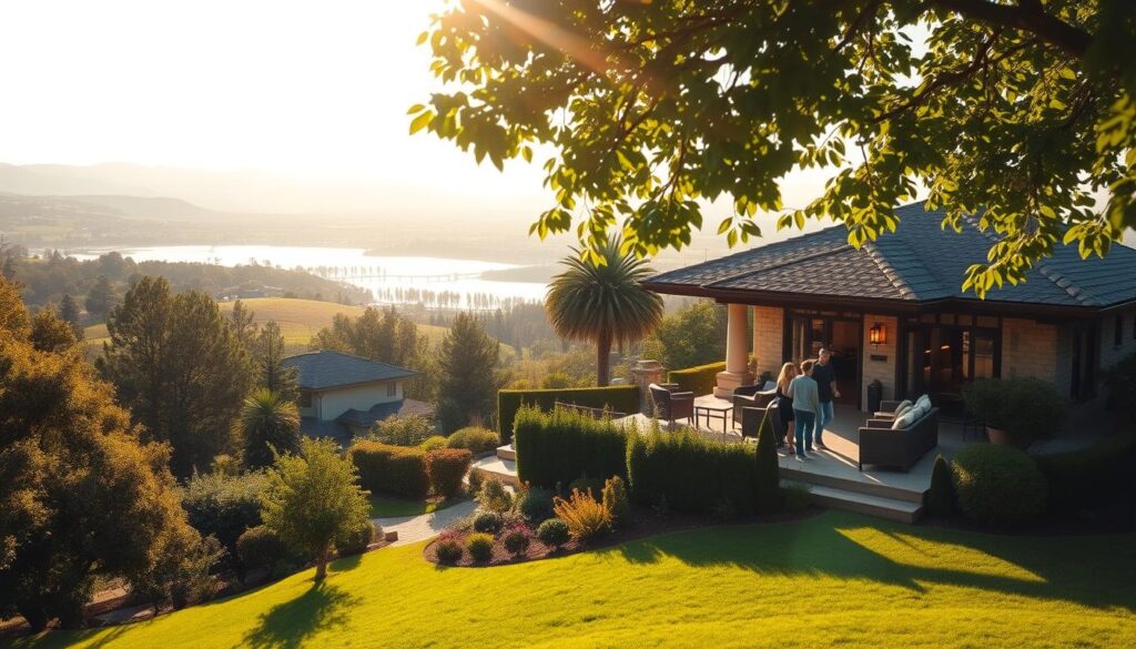 A serene, sun-dappled scene depicting the benefits of real estate investment. In the foreground, a luxurious villa nestled amidst lush greenery, its elegant architecture and manicured gardens evoking a sense of tranquility and prosperity. In the middle ground, a family gathers on a spacious patio, enjoying the comforts of their home. The background features a picturesque landscape, with rolling hills and a glistening lake, conveying a sense of financial security and a high quality of life. The lighting is warm and soft, creating a welcoming atmosphere. The overall composition suggests the financial rewards, personal fulfillment, and lifestyle advantages that can be derived from investing in real estate.