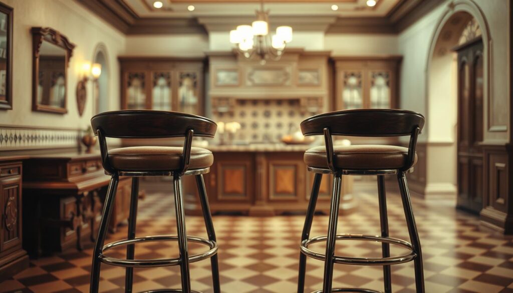 A sophisticated interior scene set in a bygone era, showcasing the timeless elegance and evolution of bar stools, or "hokery" as they are known in Polish. In the foreground, a pair of meticulously crafted, vintage-inspired hokery stand proud, their curved lines and polished wood or metal frames reflecting the soft, warm lighting overhead. In the middle ground, a well-appointed kitchen or dining room comes into focus, with details that evoke a sense of history and craftsmanship - ornate tile work, antique cabinetry, and perhaps a grand, central island. The background fades into a hazy, sepia-toned ambiance, evoking a nostalgic, old-world atmosphere. The overall composition conveys a harmonious balance of form and function, celebrating the enduring appeal and evolution of the humble, yet sophisticated, hokery.