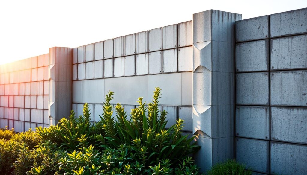 A sturdy concrete boundary fence stands tall, its weathered surface a testament to its durability. The sun casts a warm glow, highlighting the intricate textures and precise angles of the concrete blocks. In the foreground, a well-manicured garden bed frames the fence, adding a touch of natural beauty to the scene. The middle ground features a mix of lush vegetation and clean, geometric shapes, creating a harmonious balance between nature and man-made elements. The background gently fades into a softly blurred landscape, allowing the focus to remain on the central subject - the enduring concrete fence, a symbol of strength and permanence.