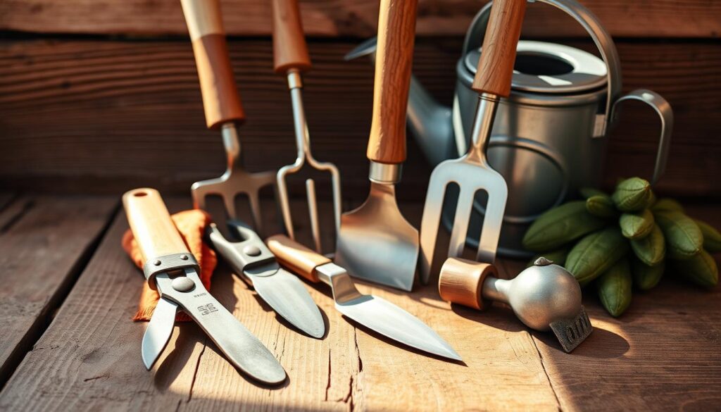 A tidy arrangement of essential garden tools rests on a rustic wooden surface, bathed in warm, natural light. In the foreground, a pair of pruning shears, a hand trowel, and a small garden fork sit neatly together. Behind them, a hand cultivator and a sturdy garden hoe stand upright, their wooden handles and metal blades gleaming. In the background, a watering can and a pair of gardening gloves complete the scene, creating a harmonious display of the basic implements required for tending to a thriving outdoor space.