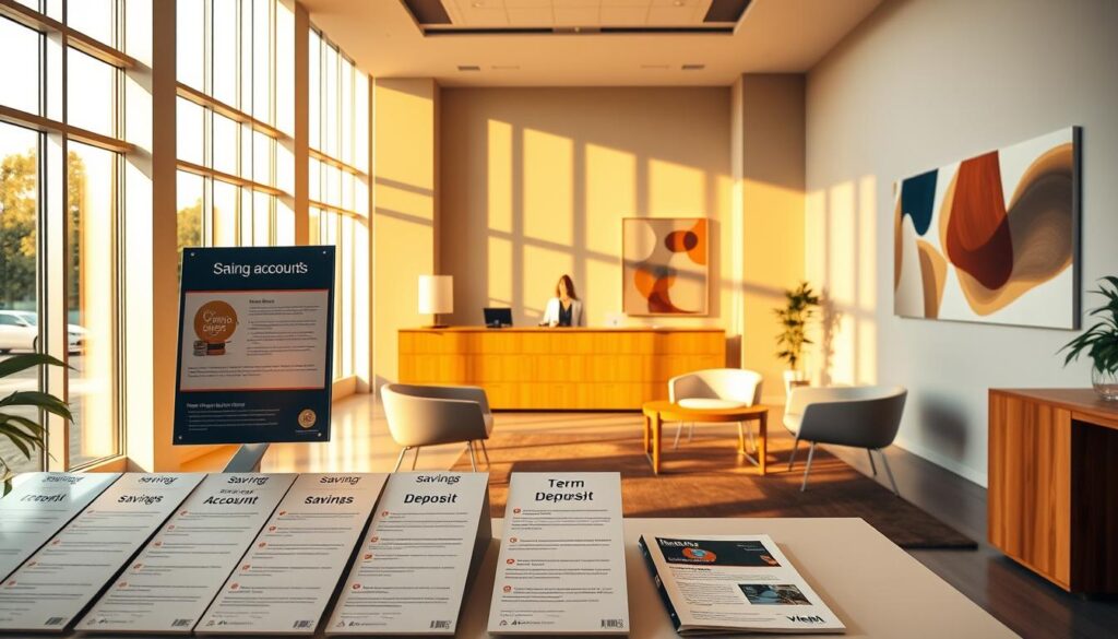 A tranquil banking lobby, bathed in warm, golden light streaming through tall windows. In the foreground, a desk displays an array of informative pamphlets about various savings accounts and term deposits. Behind it, a knowledgeable bank teller waits to assist customers, their face conveying a welcoming expression. The middle ground features modern, minimalist furniture - comfortable chairs and a sleek, wooden table, inviting visitors to sit and learn about the intricacies of banking products. In the background, abstract artworks adorn the walls, complementing the professional yet approachable atmosphere. The overall scene evokes a sense of security, stability, and the expertise required to make informed financial decisions.