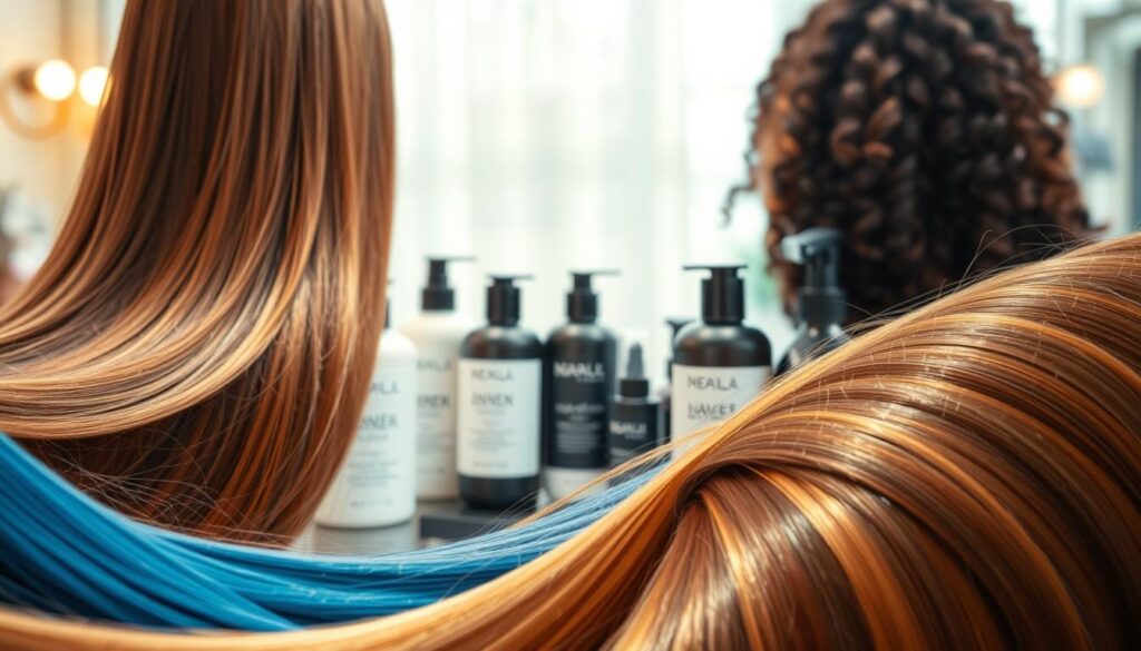 A vibrant and harmonious hair care scene showcasing the diversity of hair types and care needs. In the foreground, a variety of hair strands - straight, curly, and dyed - are artfully arranged, each strand glistening with healthy shine. The middle ground features an assortment of high-end hair care products, their sleek packaging and natural ingredients hinting at professional-grade formulations. In the background, a softly blurred, serene setting evokes a luxurious salon atmosphere, with gentle lighting highlighting the natural textures and tones of the hair. The overall composition conveys a sense of personalized, specialized hair care, catering to individual hair needs and preferences.