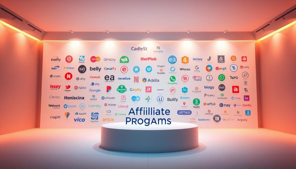 A vibrant digital landscape showcasing a diverse array of affiliate program icons and logos, representing the vast choices available for earning through affiliate marketing. The foreground features a central podium displaying the program names, with sleek and modern typography. The middle ground contains various affiliate program symbols and badges, each reflecting different industries and verticals. The background depicts a clean, minimalist environment with subtle gradients and geometric patterns, creating a sense of structure and organization. Warm, diffused lighting illuminates the scene, conveying a professional and inviting atmosphere. The composition emphasizes the breadth of affiliate program options, guiding the viewer towards making the best choice for their unique earning potential.
