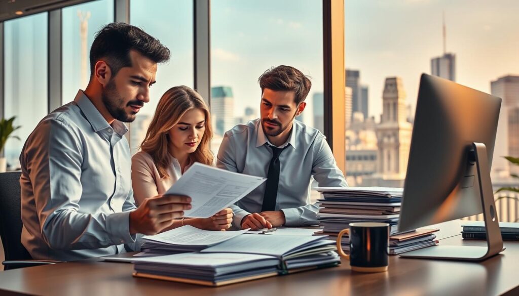 A vibrant office scene showcasing the importance of corporate tax filing. In the foreground, a team of accountants poring over financial documents, their brows furrowed in concentration. The middle ground features a modern desk topped with a state-of-the-art computer, a stack of neatly organized files, and a mug of steaming coffee. The background reveals a large window overlooking a bustling city skyline, bathed in warm, golden lighting. The atmosphere conveys a sense of professionalism, attention to detail, and the crucial role that meticulous tax compliance plays in the success of a thriving business.