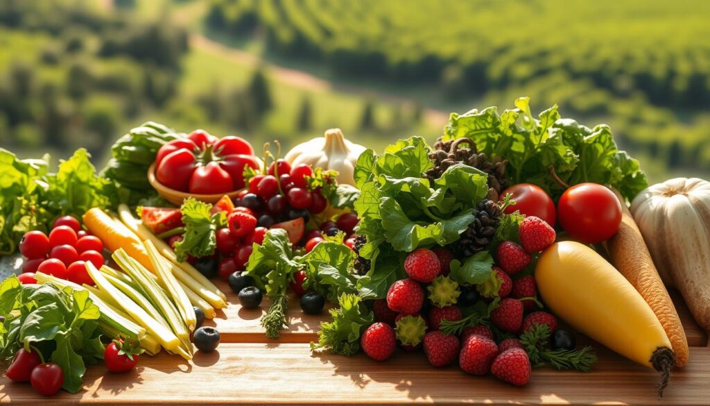 A vibrant still life depicting the significance of healthy eating. In the foreground, an array of fresh, colorful produce - crisp greens, juicy berries, and crunchy vegetables. Backlit by warm, natural lighting, casting soft shadows that add depth and dimension. In the middle ground, a wooden cutting board serves as a rustic backdrop, highlighting the organic shapes and textures of the ingredients. In the background, a lush, verdant landscape unfolds, suggesting the connection between the nourishing foods and the natural world. The overall scene conveys a sense of vitality, balance, and the profound importance of adopting a nutritious, sustainable diet for physical and mental well-being.