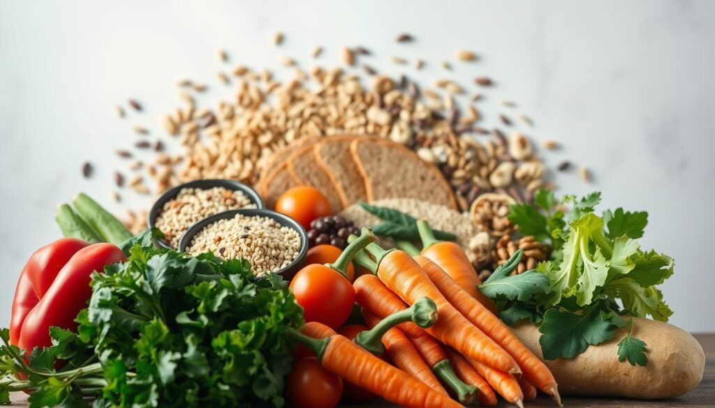 A vibrant still life showcasing an array of nutritious ingredients against a softly blurred background. In the foreground, a selection of fresh vegetables, including leafy greens, colorful peppers, and crisp carrots, are arranged in a natural, rustic composition. The middle ground features various whole grains, such as quinoa, brown rice, and whole wheat bread, highlighting their wholesome textures. In the background, a faint outline of various legumes, nuts, and seeds creates a sense of depth and completeness, representing the diverse array of essential nutrients. The lighting is soft and diffused, casting gentle shadows and accentuating the natural colors and shapes of the ingredients. The overall mood is one of health, balance, and the nourishing power of a well-rounded diet.