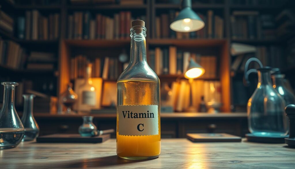 A vintage laboratory setting with an antique wooden desk, glass beakers, and scientific instruments. Soft, warm lighting illuminates the scene, casting a nostalgic glow. In the foreground, a large glass bottle labeled "Vitamin C" takes center stage, reflecting the historical significance of this essential nutrient's discovery. The background features shelves lined with old books and journals, hinting at the rich history and scientific research behind the development of this vital compound. The overall atmosphere evokes a sense of wonder and exploration, capturing the spirit of the "Historia witaminy C" narrative.