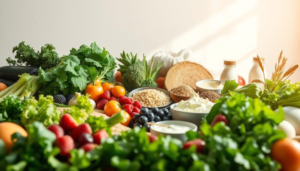 A visually engaging illustration of a healthy diet, captured through a soft, natural light that bathes the scene in a warm, inviting glow. In the foreground, a variety of fresh, vibrant produce - crisp greens, juicy berries, and crunchy vegetables - arranged in a way that suggests abundance and nourishment. In the middle ground, whole grains, lean proteins, and dairy products complement the fresh ingredients, creating a balanced, harmonious composition. The background features a minimalist, neutral backdrop, allowing the vibrant colors and textures of the foods to take center stage. The overall mood is one of simplicity, wholesomeness, and a sense of wellbeing, reflecting the essence of a healthy, balanced diet.