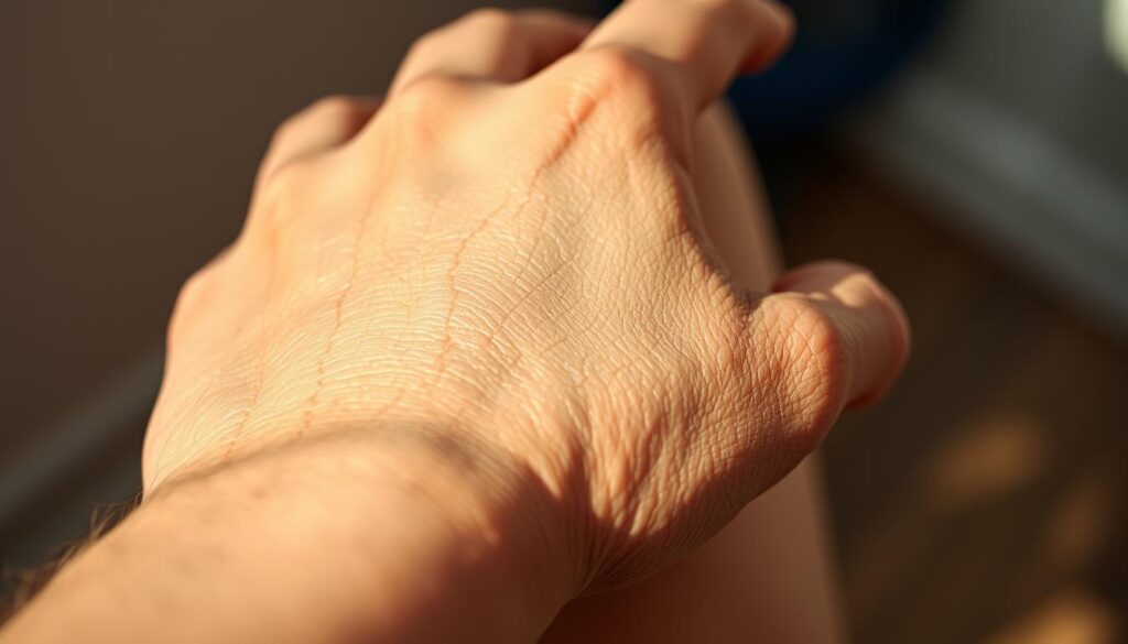 A well-lit, high-resolution close-up image of a person's dry, flaky skin on their hand, elbow, or leg. The skin appears visibly cracked and dehydrated, with a dull, matte finish. The camera angle should be slightly elevated, creating a sense of intimacy and allowing the viewer to closely examine the texture and condition of the skin. The background is blurred, keeping the focus on the textured, cracked skin in the foreground. Soft, warm lighting from the side or above casts subtle shadows, accentuating the uneven surface of the dry skin. The overall mood is one of clinical observation, highlighting the visual aspects of this common skin condition.