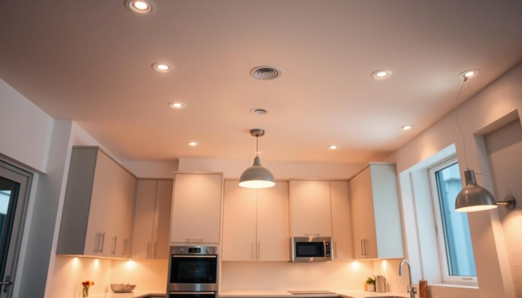 A well-lit, modern kitchen interior with a focus on the role of lighting. Prominently featured are various light sources, including recessed ceiling lights, pendant lamps, and under-cabinet lighting, all casting a warm, inviting glow across the space. The kitchen features sleek, minimalist cabinetry and countertops, with stainless steel appliances and a bright, airy atmosphere. The lighting accentuates the textures and materials, showcasing the kitchen's functionality and design aesthetic. A large window provides natural light, complementing the artificial lighting. The overall scene conveys the importance of strategic lighting in enhancing the kitchen's ambiance and usability.
