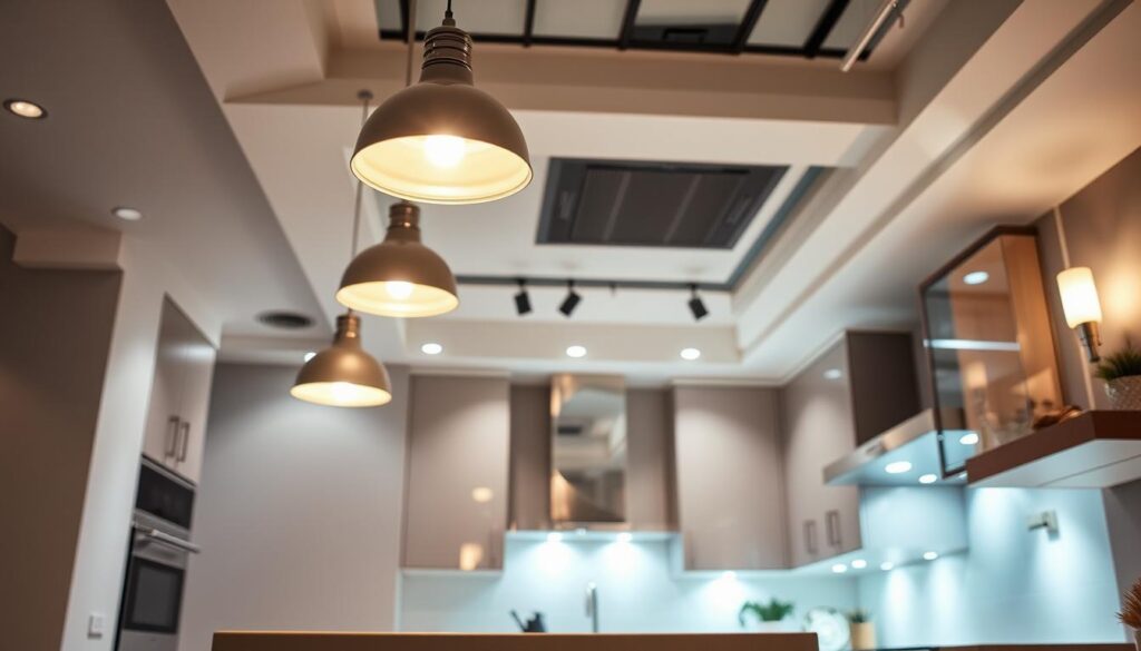 A well-lit modern kitchen with a variety of lighting fixtures, showcasing different types of illumination for various tasks and ambiances. In the foreground, a sleek island with pendant lights overhead, casting a warm glow. In the middle ground, recessed ceiling lights and under-cabinet lighting illuminate the countertops and backsplash. In the background, a combination of task lighting, such as track lighting and wall sconces, create a balanced and functional lighting scheme. The kitchen has a neutral color palette, allowing the different lighting elements to take center stage. The scene conveys a sense of efficiency, practicality, and attention to detail in the kitchen design.