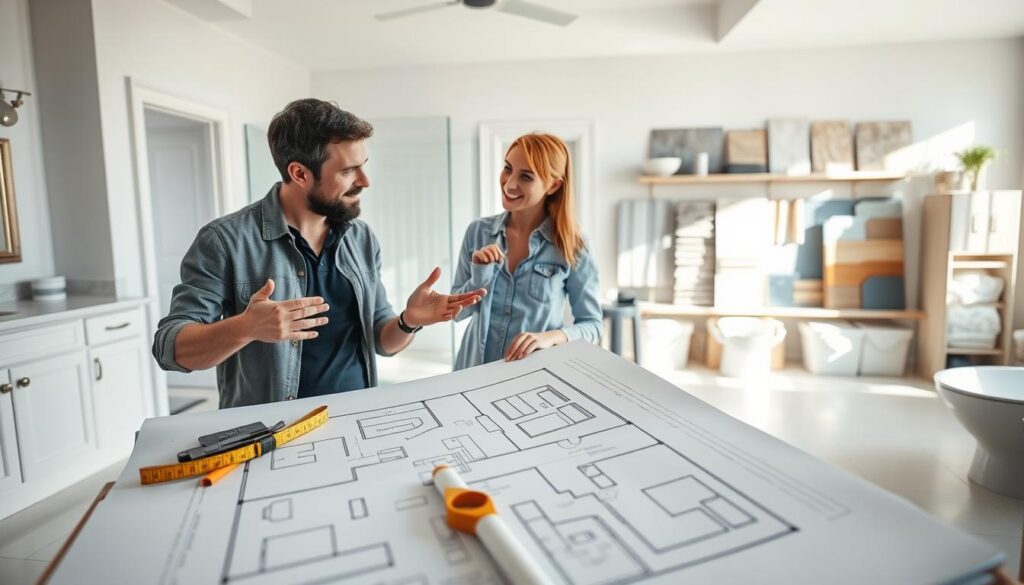 A well-lit, spacious bathroom interior with a focus on the planning process for a renovation. In the foreground, a detailed blueprint or architectural plan for the bathroom layout is prominently displayed on a drafting table, with measuring tools and sample materials scattered around. The middle ground features a couple in casual attire, gesturing and discussing the plans, their expressions conveying thoughtful consideration. In the background, shelves or boards display a variety of tile samples, fixtures, and other renovation materials, hinting at the decision-making process. The overall scene evokes a sense of careful planning, attention to detail, and the excitement of transforming a space.