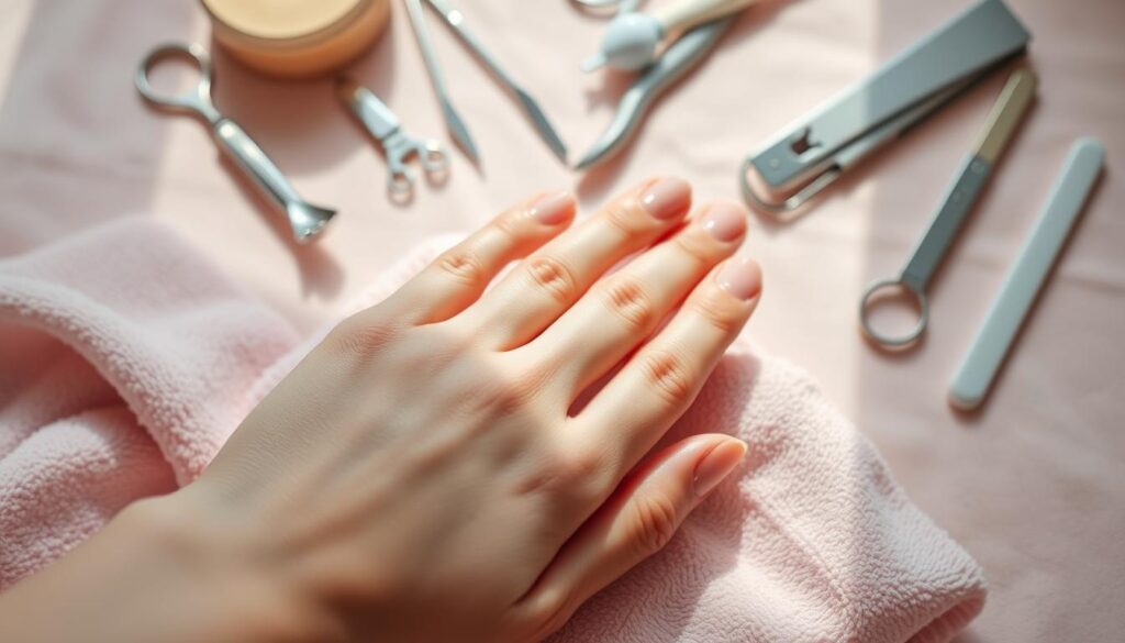 A well-manicured hand with perfectly groomed nails rests gently on a soft, pale pink towel. The nails are neatly trimmed, filed, and buffed to a subtle shine. Cuticles are precisely conditioned, the skin around the nails is smooth and hydrated. Soft, natural lighting illuminates the scene, casting gentle shadows that accentuate the contours of the hand. In the background, an assortment of nail care tools, such as clippers, emery boards, and cuticle pushers, are arranged in an orderly fashion, conveying a sense of dedication to the art of nail maintenance. The overall mood is one of tranquility, focus, and attention to detail, capturing the essence of a conscientious nail care routine.