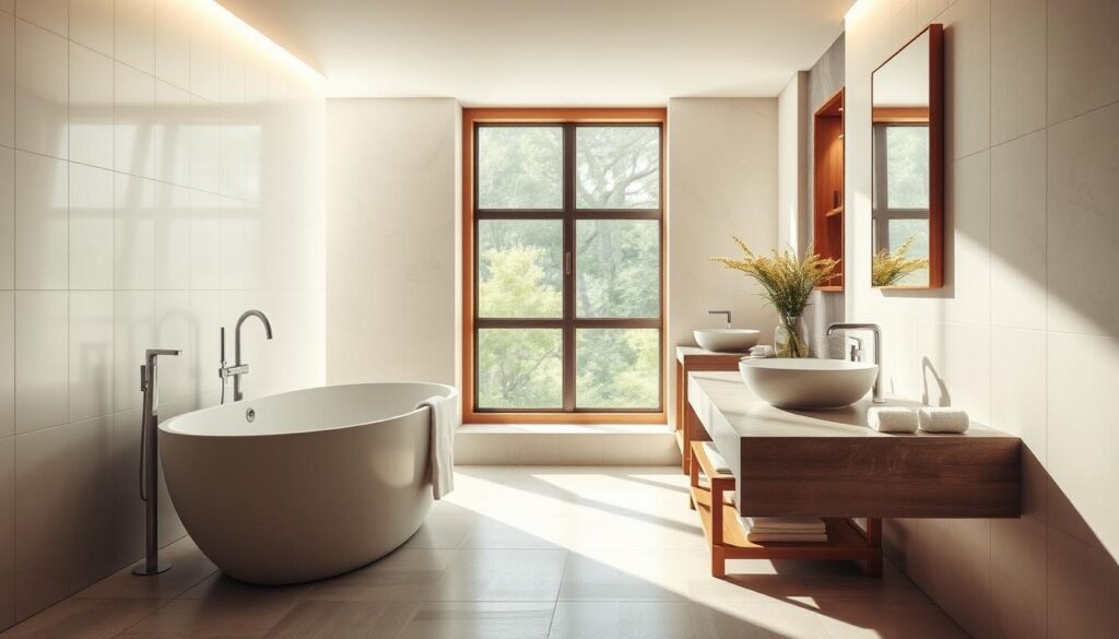 An elegant, well-appointed bathroom with warm, natural tones and textures. The foreground features a modern freestanding bathtub against a backdrop of minimalist white tiles. Soft, indirect lighting casts a serene glow, accentuating the sleek lines and premium fixtures. In the middle ground, a wood-framed vanity with a stone countertop and minimalist basin sink creates a cohesive, spa-like ambiance. The background showcases a large window, allowing natural daylight to flood the space and provide a sense of openness and tranquility. The overall atmosphere evokes a harmonious blend of luxury, relaxation, and timeless design.