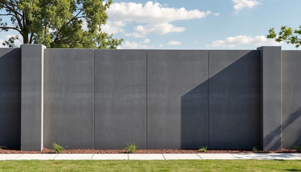 Concrete fences, sturdy and refined, stand tall against a tranquil backdrop. Smooth, textured surfaces in shades of gray create an imposing yet sophisticated presence, accentuated by precise, geometric lines. Sunlight casts gentle shadows, adding depth and dimension to the scene. The fences seamlessly integrate with the surrounding environment, blending natural and man-made elements in a harmonious display. This image captures the essence of durability and aesthetic appeal that define the world of concrete fences, setting the stage for a captivating exploration of their unique qualities.
