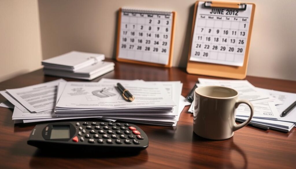 Detailed image of a businessman's desk with various tax-related documents, forms, and objects. The desk is neatly organized, with a stack of official-looking papers, a calculator, a pen, and a coffee mug. In the background, there is a wall calendar displaying the current month and year, highlighting the tax filing deadline. The lighting is soft and warm, creating a professional and focused atmosphere. The overall composition conveys the sense of responsibility and diligence required in managing a company's tax obligations.