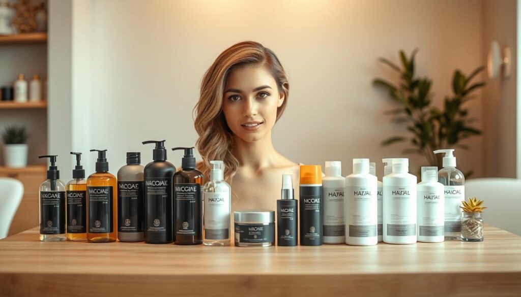 Elegant and serene hair salon scene, featuring an array of professional hair care products arranged on a minimalist wooden table. Soft, diffused lighting illuminates the scene, creating a calming atmosphere. In the middle ground, a model with beautifully styled, healthy-looking hair serves as the focal point, showcasing the transformative power of proper hair care. The background features a neutral, soothing color palette, allowing the products and the model to take center stage. The overall composition conveys a sense of simplicity, sophistication, and the quintessential elements of professional hair care.
