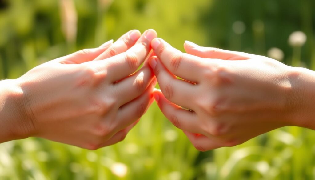 Elegant hands in natural lighting, softly illuminated from the side. Palms facing camera, fingers relaxed and gracefully posed. Manicured nails, clean and well-groomed. Skin smooth and supple, with a healthy glow. Subtle veins visible, evidence of vitality. Backdrop of serene, blurred natural setting - lush greenery, perhaps a garden or meadow. Calming, peaceful atmosphere evokes a sense of tranquility and self-care. The image conveys the importance of maintaining healthy, beautiful hands as an integral part of overall well-being.